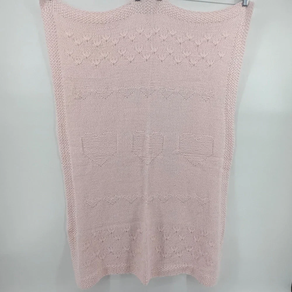 Handmade Hand Knit Pink Hearts Pointelle Chevron Baby Blanket Afghan Crib Throw